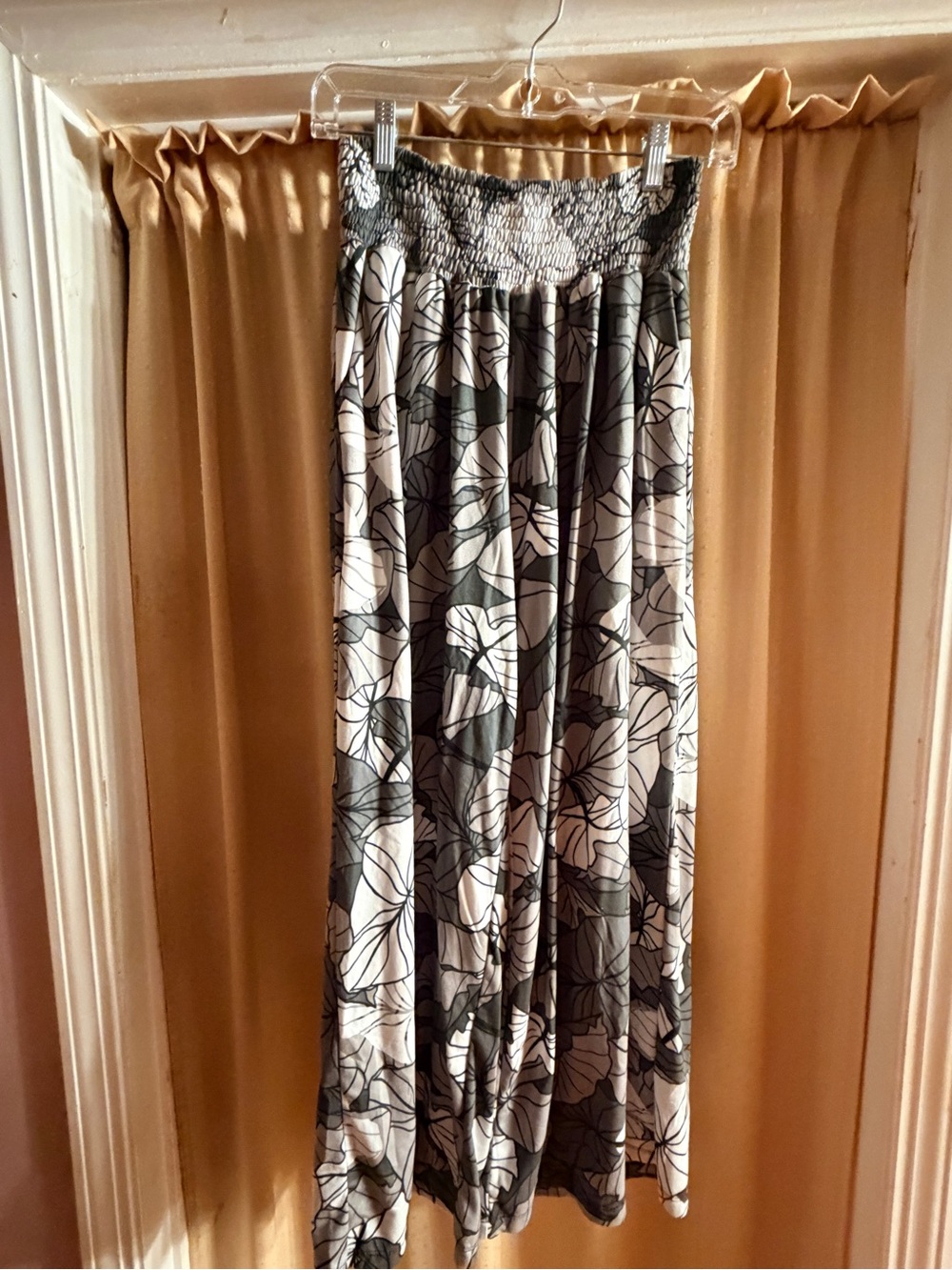 Wide Leg Smocked Waist Pants - Black & White Floral
